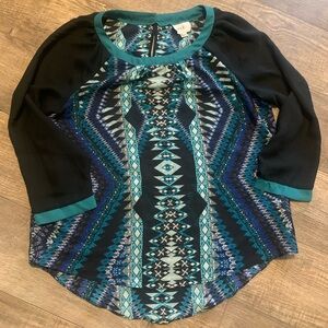 ECI Black and Teal Geometric Blouse